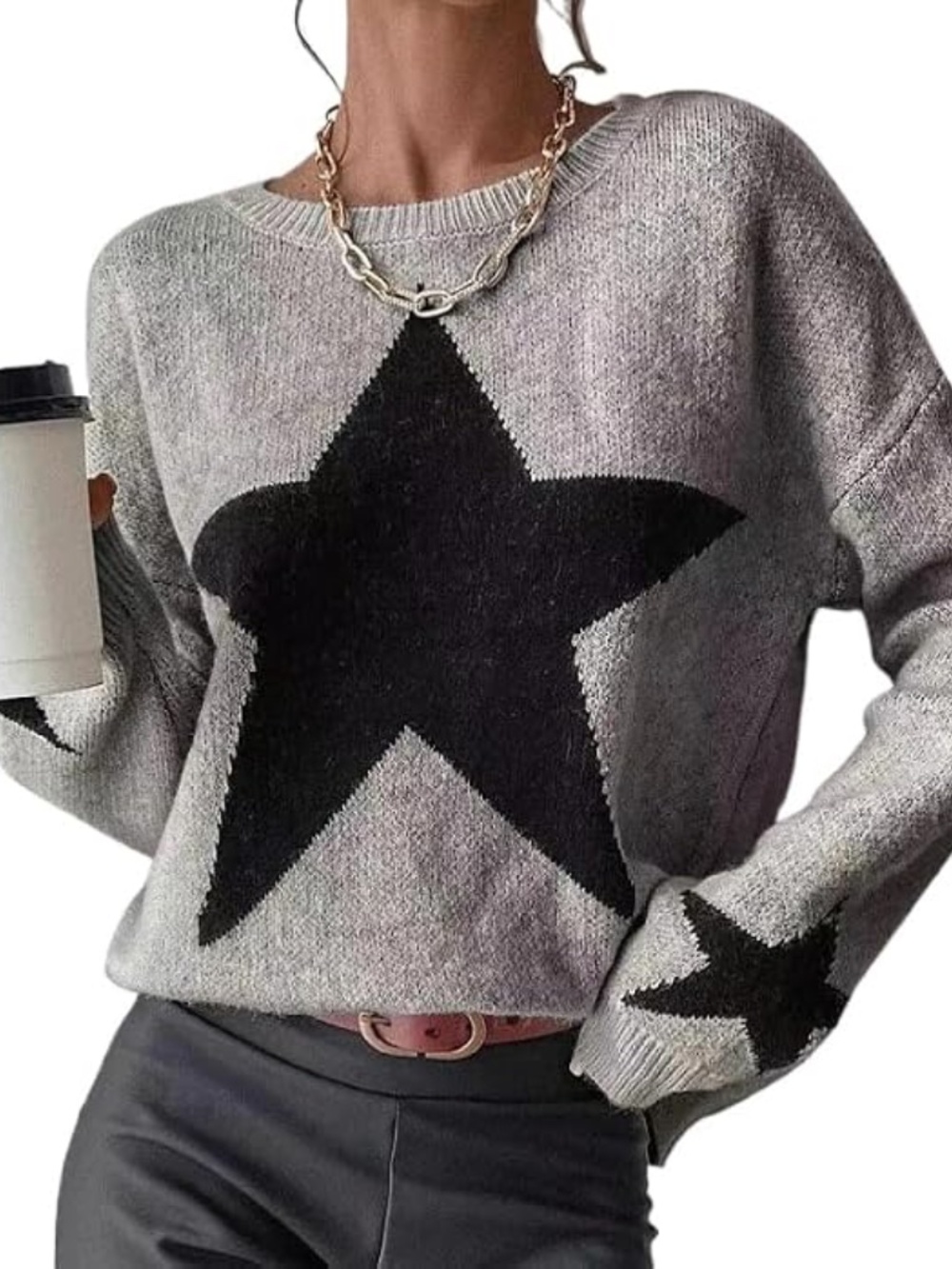 Women's Knitted Pullover. Star Patterned Crew Neck Sweater. 8/10